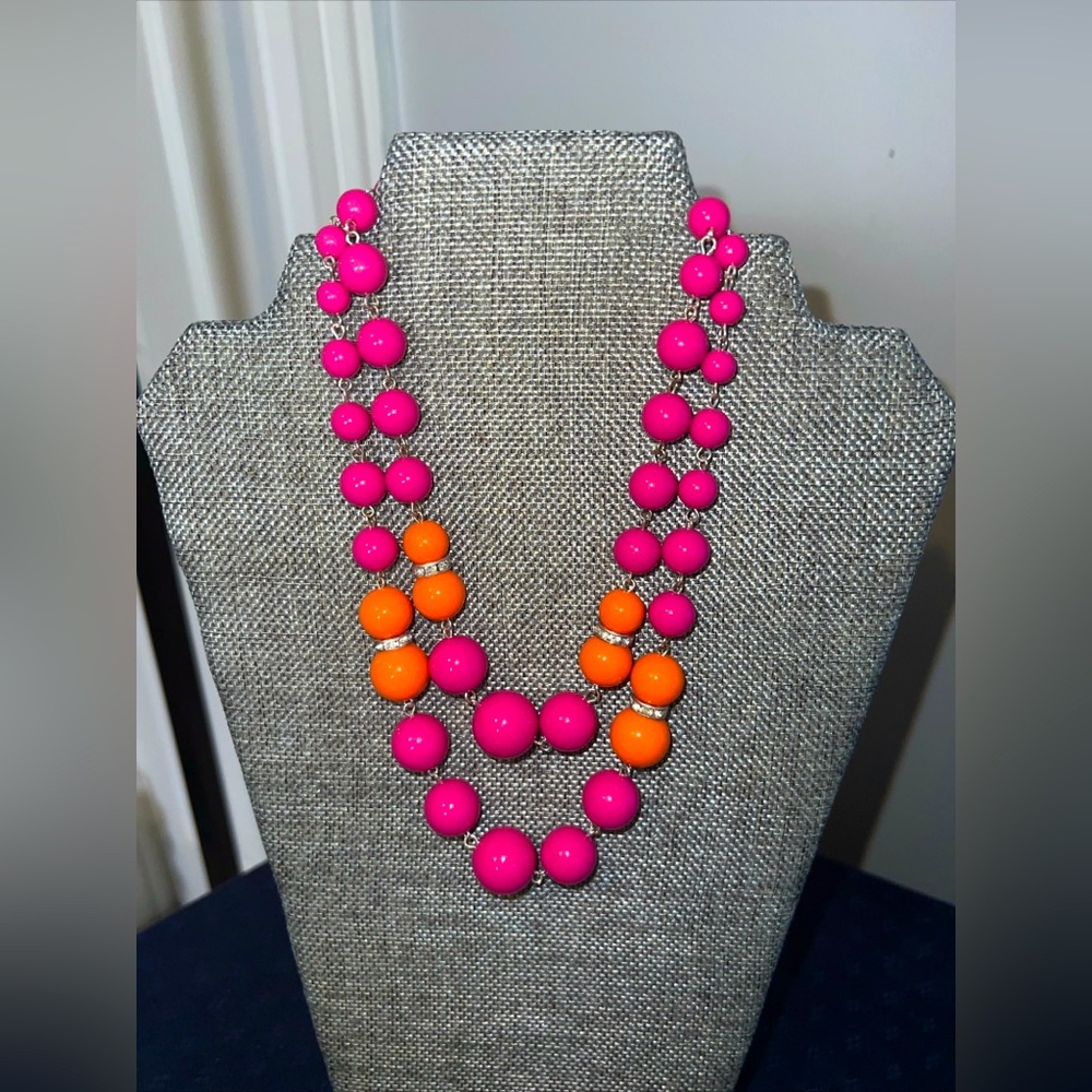 Beautiful Pink And Orange Beaded Necklace With Rhinestones 16”